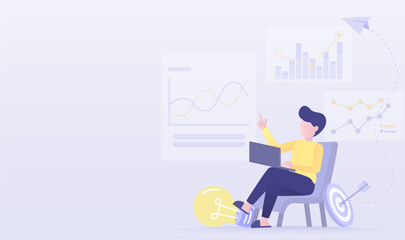 Business ideas concept. Online data analysis, financial chart, marketing plan, evaluation, strategy planning, tactical improvement, development to achieve success. Vector illustration with copy space