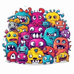 Obraz na płótnie Canvas Playful doodle monsters unite in a colorful icon, Generative AI.