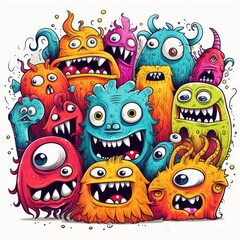 Obraz premium Playful doodle monsters unite in a colorful icon, Generative AI.