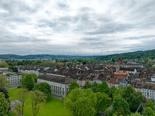 Aerial view of Swiss City of Winterthur with the old town on a cloudy spring morning. Photo taken...