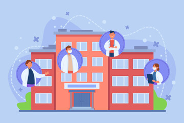 Hospital building and doctors in circles vector illustration. Cartoon drawing of clinic facade or health care facility with medical staff or specialists. Medicine, healthcare, treatment concept