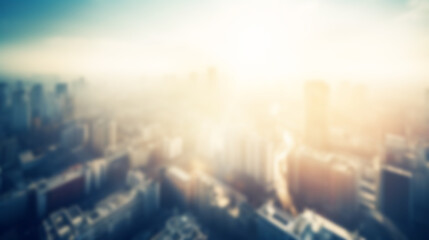 Sunlight with blurred big-city background, World City Day Concept: Crowded High Buildings in Big Cities,
Blur terrace rooftop view of city autumn sunset, city skyline landscape sunrise, Generative AI