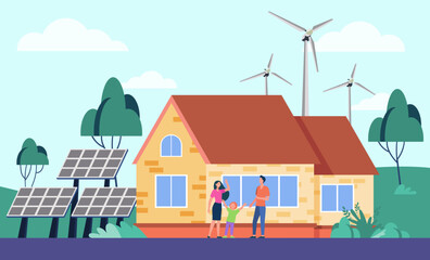 Happy family in front of eco-friendly house vector illustration. Wind and solar energy, solar panels and wind turbines as sustainable alternatives. Ecology, green living, sustainability concept