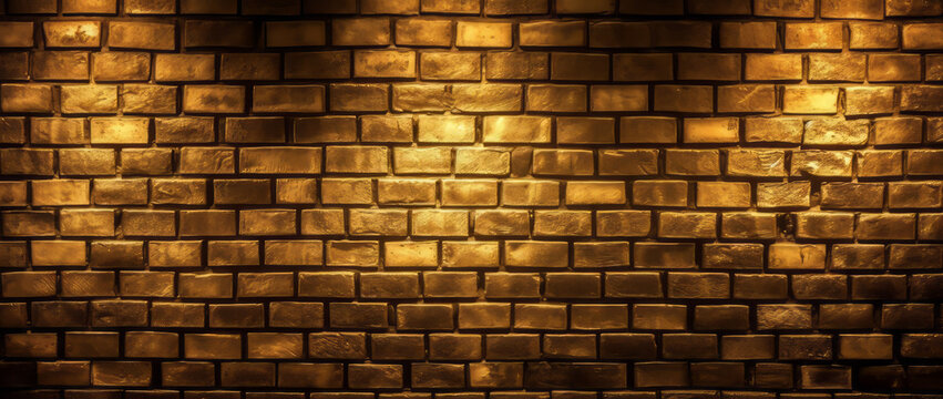 Abstract old gold color grunge wall, brick texture background, Wide banner. Generative AI.