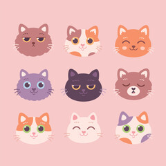 Collection of Cat faces. Cat characters with different emotions and facial expressions. Vector illustration in flat style