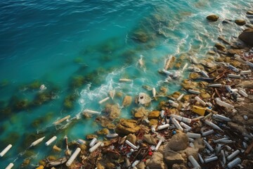 Ocean pollution concept. Ocean pollution with plastic waste. Sea beach with ecological garbage. The global problem of the death of marine plants and animals. Made With Generative AI.