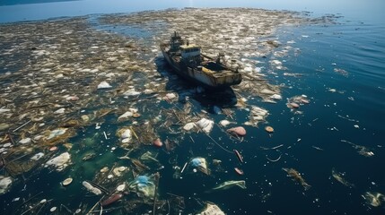 Ocean pollution concept. Ocean pollution with plastic waste. Sea beach with ecological garbage. The global problem of the death of marine plants and animals. Made With Generative AI.