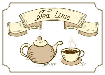 Design signboard for cafe or restaurant with retro ribbon, tea cup, kettle and headline in style hand drawing and handwriting
