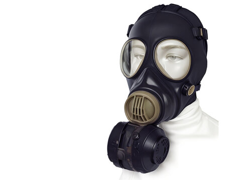 A black gas mask on a white maniken on a light background with space for text. AI generation.