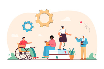 Diverse students studying together vector illustration. African American, Muslim people and workers with disability working in group, using gadgets and books. Diversity, teamwork, inclusion concept