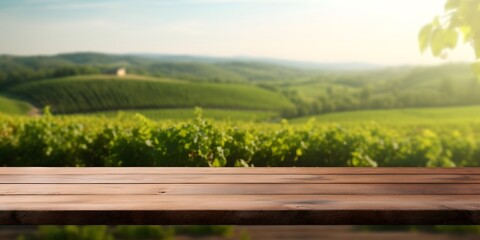 Empty wood table top with on blurred green vineyard landscape background in spring