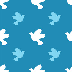 White and blue doves, seamless pattern, vector. White and blue doves on a blue background.