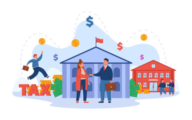 Obraz na płótnie Canvas Government spending country budget vector illustration. Business people shaking hands in front of public sector building, money from taxes and school fees. Public finance, taxation concept
