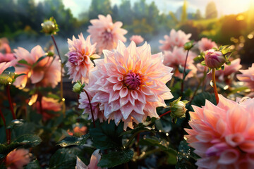 Pink Dahlia Mix flowers in rainy garden