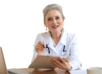 Older woman doctor therapist wearing headset video call talking to web camera consulting virtual patient online by video conference call chat on a transparent background