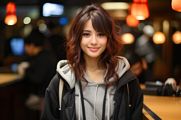 Obraz premium Brunette woman in night city background 