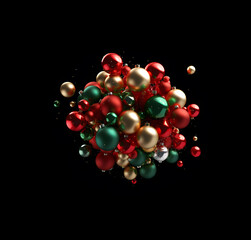 Abstract shape of levitating merged red and green Christmas decorations, Christmas balls, molecule shape, dark background