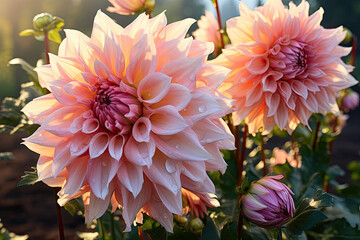 Wet Dahlia ‘Café au Lait’ flowers in sunset light © Fleuronica