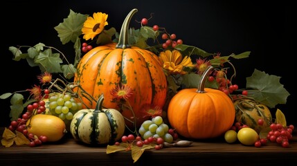 Thanksgiving pumpkins with fruits and falling leaves Generative AI