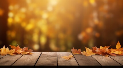 Naklejka na ściany i meble Wooden table with orange leaves autumn background Generative AI