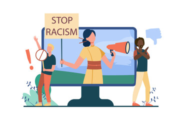 Obraz na płótnie Canvas People of different nationalities protesting against racism. Chinese woman on screen with placard and megaphone, controversial advertisement vector illustration. Racism, internet, marketing concept