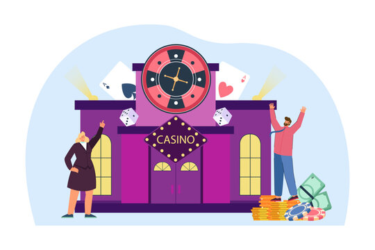 Happy people with casino building vector illustration. Cartoon drawing of gambling addict with poker chips, coins and banknotes, building with cards and roulette. Gambling, risk, finances concept
