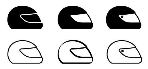 Cartoon face helmet icon. Vector line motorcycle or scooter helmet with visor and glasses symbol. Safety helmet sign. Helmets set. Construction helmet or crash helmet. Racing, motorbike or motor sport