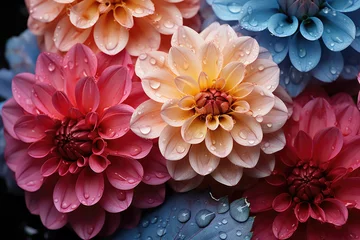 Tuinposter Dahlia Mix blooms with rain drops, closeup © nnattalli