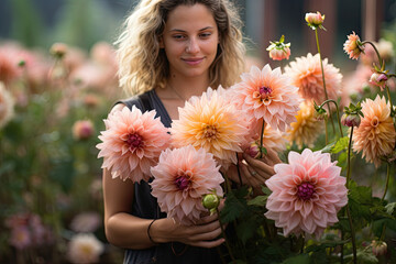 Naklejka premium young gardener woman with Dahlia flowers in garden