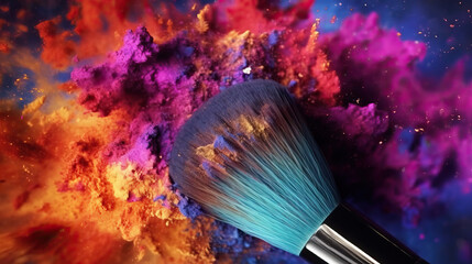 Naklejka na ściany i meble A cosmetic brush in a colorful makeup powder. A color explosion.