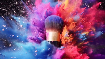 A cosmetic brush in a colorful makeup powder. A color explosion.