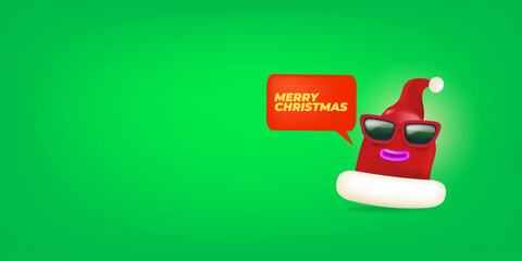 Vector cartoon monster Santa Claus red hat character with sunglasses and speech bubble isolated on green background. Merry Christmas greeting card, poster and banner with funny Santa Claus hat