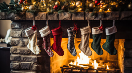 Fototapeta na wymiar Christmas socks hanging by fireplace 