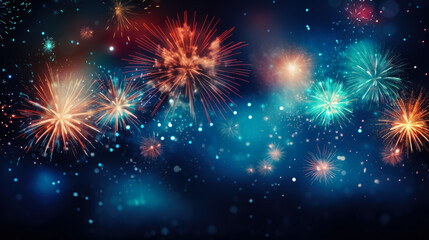 Fototapeta na wymiar Fireworks; colorful fireworks on dark blue background with sparks 