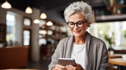 Modern senior woman shopping online with digital tablet or smartphone; background with empty space for text 