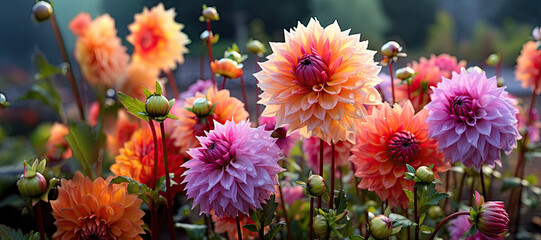 Dahlia Mix flowers with rain drops, in rustic garden in sunset light background. Banner. Panoramic.