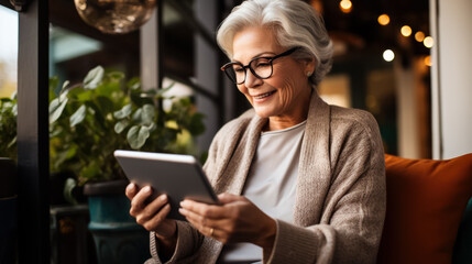Modern senior woman shopping online with digital tablet or smartphone; background with empty space for text 