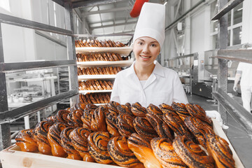 Happy worker woman baker in chef uniform hold freshly bakery poppy seed bun bread. industrial factory food production