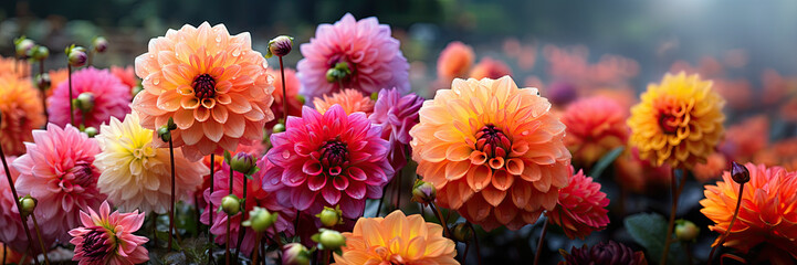 Many Dahlia flowers with rain drops, in rustic garden in sunset sunlight background. Banner....