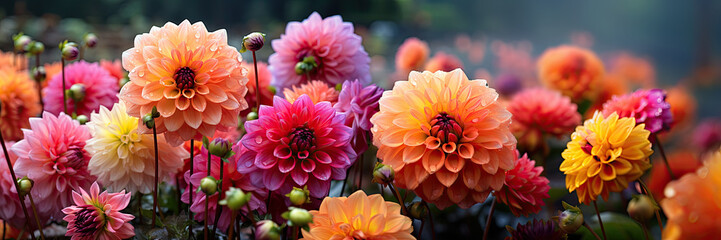 Colorful Dahlia Mix flowers with rain drops, in rustic garden in sunset sunlight background. Banner. Panoramic. © Fleuronica
