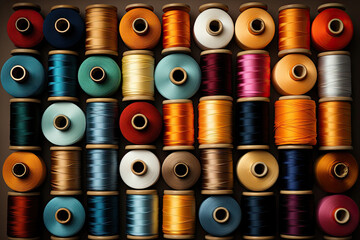 Colorful sewing spools. top view background. Tailor sewing concept.