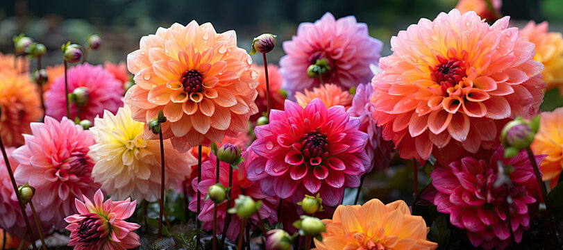 Colorful Dahlia Mix flowers with rain drops, in rustic garden in sunset sunlight background. Banner. Panoramic.