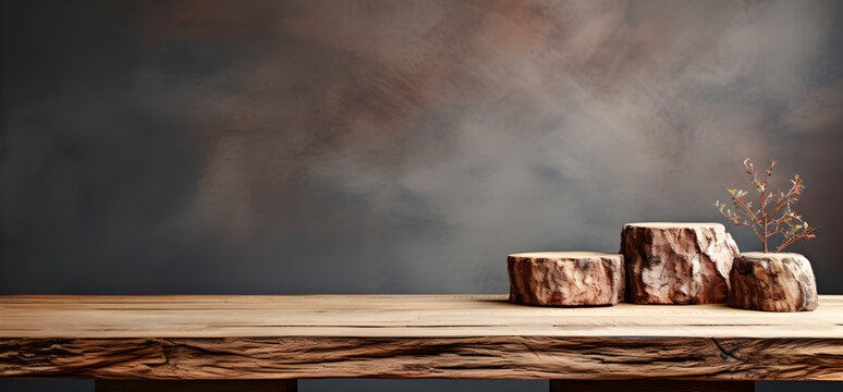 wooden slab on a neutral minimalist background, negative space of the top for product or text photography.