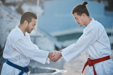 Men, karate and shaking hands at training fight with respect, fitness and start workout contest for development. Martial arts coaching, together or peace for exercise, zen mindset or combat sports © Wesley JvR/peopleimages.com