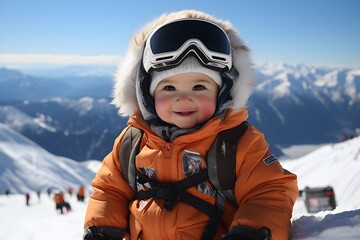 Fototapeta na wymiar Little Skier At The Top Of The Mountain Ski Run