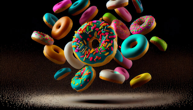 Flying donuts. Mix of multicolored doughnuts, Ai generated image