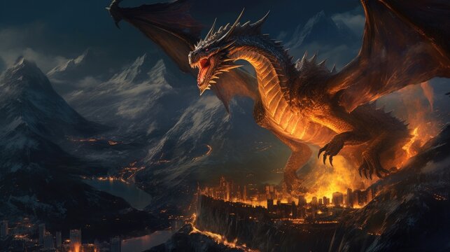 A dragon spits fire on a high rocky mountain at night. Generative Ai