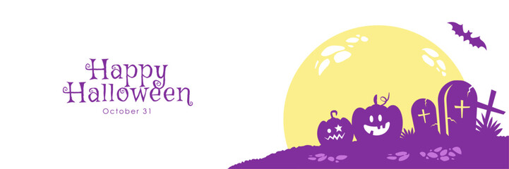 Fototapeta premium ハロウィンのシンプルなバナー背景 かぼちゃと月のシルエット（白背景）