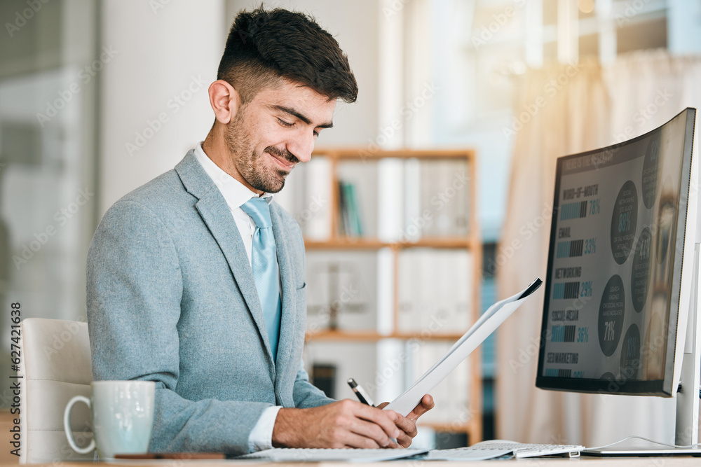 Aufkleber writing, planning and business man on computer screen, documents and marketing schedule, infographic