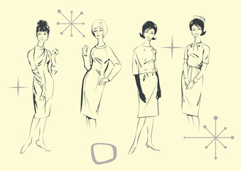 1960s Vintage Style Woman Mode Sketch Poster. Retro Fashion Look Vogue Illustration